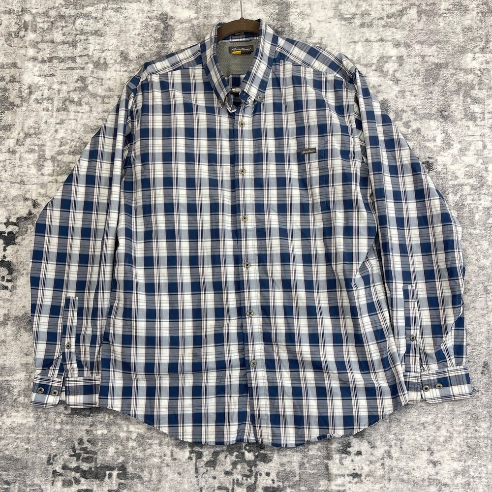 Eddie Bauer Plaid Button Down Shirt Mens Large Blue White Vented Back Hiking